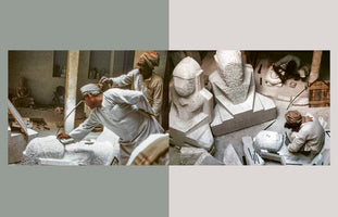 A two-panel photograph showing scenes from a stone sculpture workshop. On the left, two men in traditional attire work together on a large, rough block of stone. On the right, a wider view of the workshop shows several large, unfinished stone busts and other sculptors busy at work on the dusty floor.