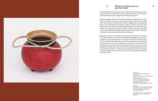 An exhibition catalog page featuring a photo of an object on the left and descriptive text on the right. The photo shows a round, red-lacquered wooden food vessel with a natural wood-colored rim and a thick cotton cord for carrying. The text on the right is titled, Where do monks and nuns get their food?, and describes the history and functional use of the vessel by Jain monks in India.