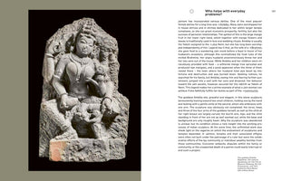A book page displaying an 11th-century sandstone sculpture from Rajasthan, India, on the left, with descriptive text on the right. The sculpture depicts the four-armed Jain goddess Ambika, who is seated with a gentle smile. She embraces two small children at her side. The artwork is unfinished, with detailed carving on the goddess and a rough-hewn stone background.