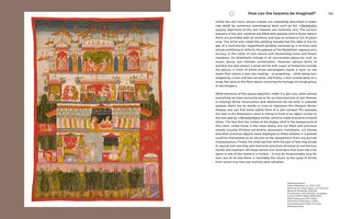 A page from a book showing a vibrant and detailed 18th-century Rajasthani painting of a Jain heavenly palace. The artwork on the left depicts a multi-storied, opulent building with many rooms. Inside, numerous small figures are shown conversing, listening to music, and engaging in worship. The palace is surrounded by lush green gardens. A column of descriptive text about the painting is on the right side of the page.