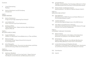 A two-page spread showing the table of contents for a book. The contents are arranged in two columns and divided into five parts: Genre Bending, Beyond Subcultures, Queering Punk, Archives and Affect, and Listening Through the Noise. Each entry lists the page number, author, and chapter title, with topics focusing on punk, queer theory, feminism, and archives. The list is followed by sections for Contributors and Imprint.