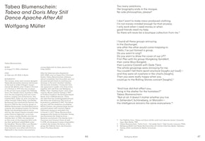 A two-page spread from a book by Wolfgang Müller titled Tabea Blumenschein: Tabea and Doris May Still Dance Apache After All. The left page, numbered 46, features a biography of the artist Tabea Blumenschein. The right page, 47, presents a series of quotes discussing her personal philosophies and experiences. The text is in a black sans-serif font on a white background.