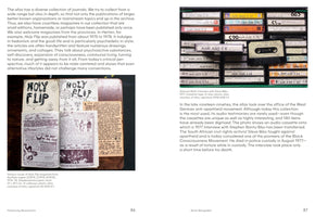 A two-page spread from a book about preserving historical movements. The left page shows several issues of a 1970s handmade zine called Holy Flip, open to display psychedelic drawings and handwritten text. The right page shows a box of labeled archive cassette tapes, including one from a 1977 interview with anti-apartheid activist Steve Biko. Both images are accompanied by descriptive text.