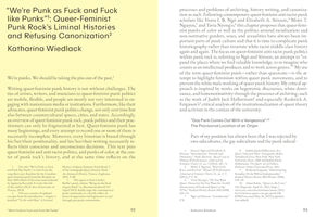 An overhead shot of pages 92 and 93 of a book. The chapter title reads, We're Punk as Fuck and Fuck like Punks: Queer-Feminist Punk Rock's Liminal Histories and Refusing Canonization, by Katharina Wiedlack. The text is in a two-column layout and discusses the complexities of writing queer-feminist punk history, with numerous footnotes at the bottom of each page.