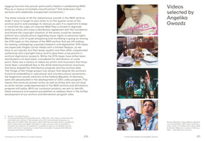 A two-page spread from a book about video art. The left page contains a large block of text. The right page, titled Videos selected by Angelika Gwozdz, displays a vertical column of four video stills. The stills show a man in papal robes, a dinner table, a band performing on stage, and a man and woman making faces.