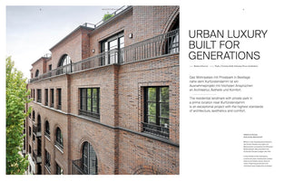 A two-page magazine spread featuring a modern, multi-story brick residential building with arched windows and black balconies on the left. The right page contains the title URBAN LUXURY BUILT FOR GENERATIONS and descriptive text in German and English about the building, located in Berlin, Germany.
