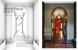 A two-page magazine spread titled RENDERING & REALITY, comparing a digital architectural design to its final built form. The left page shows a stark, black-and-white rendering of a hallway with arches and geometric tiles. The right page shows a full-color photograph of the same hallway, now realized with rich materials including olive-green walls, a red marble floor, dark polygonal tiles, and a gilded archway.