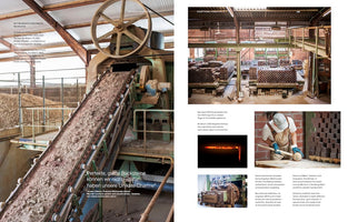 A two-page magazine spread about the Wittmunder Klinkerwerk brickyard. The left page shows a conveyor belt carrying raw clay in a factory setting. The right page features a collage of photos depicting stacks of finished bricks on carts, a worker hand-finishing a brick with a mallet, and the glowing orange interior of a high-temperature kiln.