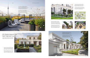 A magazine spread on architecture and gardens, displaying four distinct residential landscaping projects. The top left shows a rooftop terrace with a Berlin skyline view. The top right features a classic villa and garden plans. The bottom left highlights a modern home's formal garden, and the bottom right shows a curved white townhouse complex.