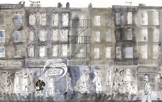 A watercolor and ink illustration of a bustling city street lined with grey brick apartment buildings. A diverse crowd of people walks along the sidewalk in front of storefronts for a deli, sushi restaurant, and laundromat. In the foreground, a boy and an older woman are talking, with their dialogue written in German inside speech bubbles.
