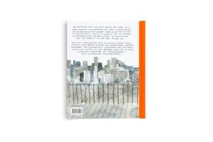 The back cover of a book with a vibrant orange spine, set against a plain white background. The cover features several paragraphs of German text in a handwritten font above a watercolor illustration of a city skyline in muted grey and blue tones. A barcode and publisher information are at the bottom.