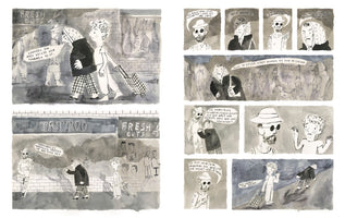 A two-page comic strip in a grayscale watercolor style with German text. An older person in a headscarf and a younger person with a shopping cart walk down a city street. They have a tense confrontation with a tattooed man using a vape, which unfolds over several panels. The encounter ends with the older person walking away.