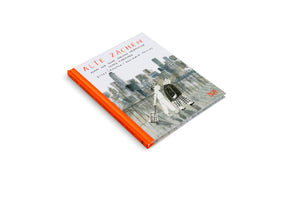 A hardcover book titled Alte Zachen, with a bright orange spine, resting on a white surface. The cover features a sketched illustration of a boy and an older woman walking through a gray, stylized cityscape. The boy pulls a rolling shopping basket.