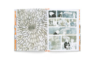 An open graphic novel with watercolor and ink illustrations. The left page shows dozens of arms with numbers tattooed on them, reaching towards the center. The right page is a comic strip with panels depicting characters, a map of central Europe, and dialogue in German.
