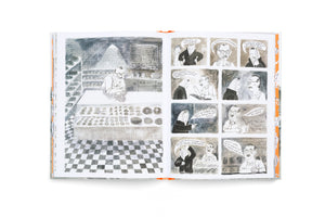 An open book showing a two-page comic spread illustrated in black and white ink wash. The left page is a large panel of a baker with glasses standing behind a pastry counter in a shop with a checkered floor. The right page is a grid of smaller panels detailing a conversation in German between two people.