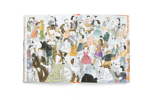 An open book on a white surface shows a full-spread watercolor illustration of a crowded dance floor. The scene is filled with a diverse group of people of various ages and ethnicities, all joyfully dancing together in couples and small groups.