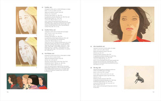 A two-page spread from an art book or catalog, pages 156 and 157. The pages feature five artworks by Alex Katz from 1977 and 1978, mostly portraits of women in a stylized, graphic manner, along with one small print of a dog. Each image is numbered and accompanied by a block of descriptive text.