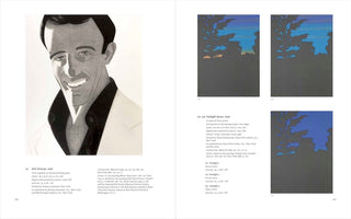 A two-page spread from an art book. On the left is a black-and-white print titled Self-Portrait, 1978, showing a smiling man with dark hair. On the right are three colorful prints from the Twilight Series, 1978, depicting dark tree silhouettes against a twilight sky. Both pages include descriptive text about the artworks.