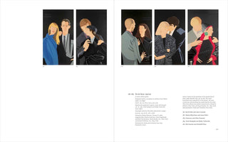 A two-page spread from an art book displaying Alex Katz's 1993/94 series of five serigraphs, Pas de Deux. Each vertical print features a stylized, graphic portrait of a different couple, dressed in formal wear and interacting against a black background. The prints are arranged horizontally across the two pages, with descriptive text about the series located below the images on the right-hand page.