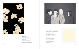 An open art book displaying a two-page spread. The left page shows an abstract artwork of cream-colored flowers on a black background, titled Impatiens, 2001. The right page displays a grayscale print of four people in profile, titled Unfamiliar Image, 2001, and below it, a small, pale yellow square print titled Morning, 2001. Each artwork is accompanied by a descriptive caption.