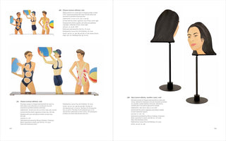 A two-page spread from an art book showcasing sculptures by Alex Katz. The left page features two versions of a piece titled Chance, showing three flat, cutout figures of women in swimsuits holding beach balls. The right page displays a piece titled Ada, a cutout of a woman's head with black hair mounted on a tall, thin black pole, described as a weather vane. Each artwork is accompanied by descriptive text.