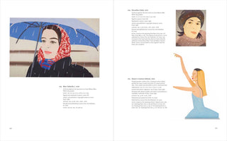 A two-page spread from an art book. The left page shows a large print titled Blue Umbrella 2, a stylized portrait of a woman in a red headscarf holding a blue umbrella in the rain. The right page displays two artworks with accompanying text. At the top is December (Ada), a portrait of a woman in a winter hat and scarf. Below is Dancer 2, a cutout sculpture of a dancer in a light blue dress with one arm raised.