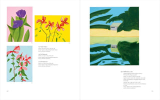 A two-page spread from an art book. The left page, numbered 400, displays three colorful paintings of flowers: purple tulips against a pink background, and two paintings of red dogwood flowers. The right page, 401, shows a larger landscape painting titled Reflection 2, depicting a building and trees reflected in water. Each artwork is accompanied by a text description.