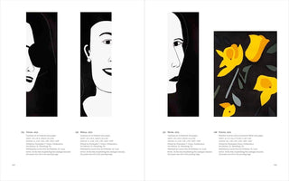 A two-page spread from an art catalogue featuring four artworks with captions. Three are tall, black-and-white linocut portraits, each showing half of a woman's face against a black background. The fourth is a color woodcut of yellow flowers with green leaves on a black background.