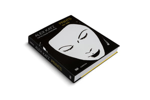 An angled view of a thick, black hardcover book titled Alex Katz: Prints, Catalogue Raisonné, 1947–2023, against a white background. The cover features a large, high-contrast illustration of a woman's face in white with black line details and her eyes closed. The spine of the book is also visible.