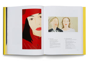 An open art book with a yellow spine lies on a white surface, showing two portraits. The left page has a large painting of a woman with dark hair wearing a red hat and coat. The right page features a smaller painting of two blonde women, with descriptive text below both images.