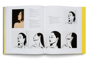 An open art book with a bright yellow spine lies on a white surface. The pages display several graphic-style portraits of a woman with dark hair. On the left is a color portrait of the woman in profile, and below and on the right page are a series of black-and-white line art portraits of her from different angles. Each artwork is accompanied by descriptive text.