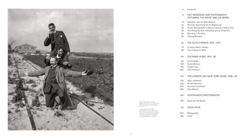 An open book spread about the artist Piet Mondrian. The left page features a full-page, black-and-white photo of three men in suits forming a playful human tower outdoors on train tracks. The right page displays the book's table of contents.