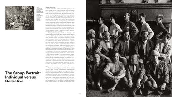 A two-page spread from an art history book. The left page has the title The Group Portrait: Individual versus Collective, with text and two small black-and-white photos from the 19th and 20th centuries. The right page features a large, dramatic black-and-white group portrait from 1942 of the Surrealists, showing several men and women in formal attire posed on multiple levels in front of a dark, ornate background.