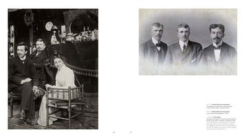 A two-page book spread displays two historical photographs from the early 1900s. On the left, a black-and-white portrait shows a woman seated in an ornate chair with two men standing behind her in a dark, cluttered room. On the right is a sepia-toned bust portrait of three mustached men in suits. Text captions are visible below the right image.