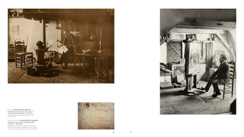 A two-page spread from a book about artist Piet Mondrian, featuring historical photographs. On the left, a sepia photo shows Mondrian reading by a stove in a rustic room, with a smaller image of a handwritten postcard below. On the right, a black-and-white photo shows Mondrian in his attic studio, sitting before a large canvas on an easel with a palette and brush in hand.