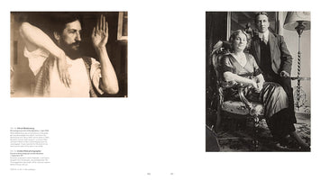 A two-page spread from a book. On the left page is a sepia photograph from 1909 of a bearded Piet Mondrian in a phrenological pose, with one hand raised and the other against his chest. On the right is a black and white photograph from 1911 of Mondrian in a suit standing beside his fiancée, Greta Heijbroek, who is seated in an ornate chair. Captions are visible below the left photo.