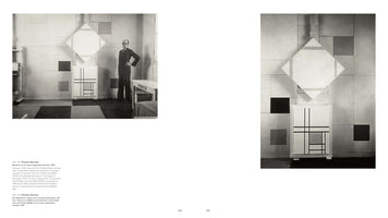 A two-page book spread featuring two black and white 1933 photographs by Charles Karsten of Piet Mondrian's studio. On the left, Mondrian poses in a suit beside two of his abstract paintings on an easel. The studio wall is a composition of light, grey, and dark rectangles. The right page shows a cropped close-up of the two paintings, a lozenge canvas above a rectangular one, highlighting their geometric grids against the similarly patterned wall.