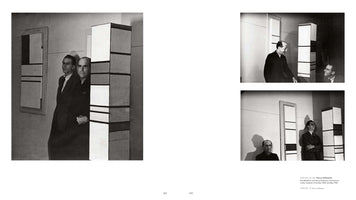 A two-page book spread with three black-and-white photographs of artists Piet Mondrian and Harry Holtzman in a studio. On the left, a large photo shows the men standing beside a tall, geometric sculpture. On the right, two smaller photos depict them interacting with the artwork in different poses, with a similarly styled painting visible on the wall.