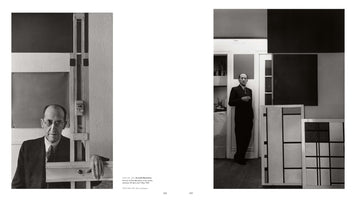 A two-page book spread with black and white portraits of artist Piet Mondrian in his studio by Arnold Newman. On the left, a close-up shows Mondrian framed by the geometric lines of an easel. On the right, a wider view shows him standing among several of his iconic abstract grid-based paintings.