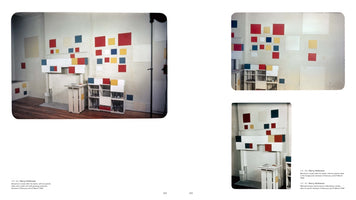 A two-page book spread showing three color photographs of Piet Mondrian's studio, taken by Harry Holtzman after the artist's death. The white walls and furniture of the room are covered with an abstract arrangement of red, yellow, blue, and white squares and rectangles, transforming the entire space into a work of art.