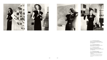 A black-and-white two-page book spread with four photographs of a fashion model posing in Piet Mondrian's studio. In each image, the model wears an elegant dark dress and stands among Mondrian's abstract geometric paintings. Captions on the right identify the photos as being taken by Fernand Fonssagrives in the artist's studio after his death in 1944.