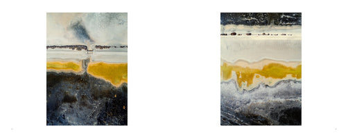 A diptych of two abstract aerial photographs of a shoreline, presented side-by-side. Each image shows a layered landscape with distinct horizontal bands of color: a dark, textured area at the bottom, a vibrant mustard-yellow section, a pale strip of sand, and a grey, mottled area at the top.