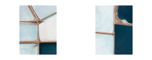 A two-panel image displaying square, aerial photographs of salt evaporation ponds. The photos create an abstract, geometric composition with brown earthen dikes separating water that varies in color from pale, milky blue to a deep, dark blue, alongside areas of bright white salt.