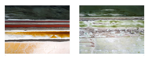A two-page spread from a book showing two abstract aerial photographs of colorful landscapes. The image on the left features stark, horizontal bands of black, red, orange, and white. The image on the right shows similar horizontal layers in various shades of green, brown, and white, with a more fragmented and textured appearance.