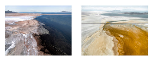 A diptych of aerial photographs showing a vast salt lake landscape bisected by a causeway. The left image shows a stark contrast between a pink and white shoreline and deep blue water under a clear sky. The right image displays a more muted scene with pale salt flats where golden-yellow sediment flows into the lighter-colored water, creating abstract patterns under a hazy sky with distant mountains.