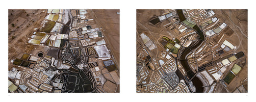 A diptych of two top-down aerial photographs showing vast salt evaporation ponds. The arid landscape is covered in a geometric patchwork of rectangular and irregularly shaped pools of water in various colors, including white, gray, black, yellow, and green. These colorful ponds, separated by earthen dikes, create a striking abstract pattern against the brown ground.