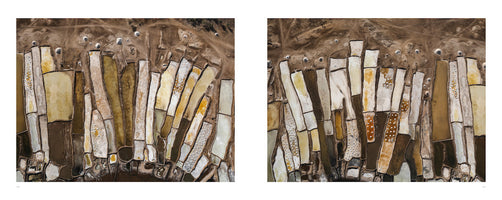 An aerial diptych showing a terraced hillside covered in hundreds of salt evaporation ponds. The irregularly shaped pans create a dense, abstract mosaic of earthy colors, including white, yellow, ochre, and various shades of brown, set against the arid landscape.