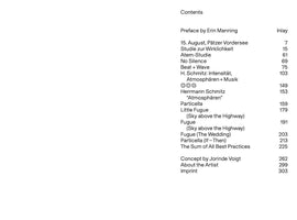 A table of contents for a book, with titles on the left and page numbers on the right. The entries are a mix of German and English and include: Preface by Erin Manning; 15. August, Pätzer Vordersee; Studie zur Wirklichkeit; Atem-Studie; No Silence; Beat + Wave; H. Schmitz: Intensität, Atmosphären + Musik; a line of icons (eye, nose, ear); Herrmann Schmitz Atmosphären; Particella; Little Fugue; Fugue; The Sum of All Best Practices; Concept by Jorinde Voigt; About the Artist; and Imprint.
