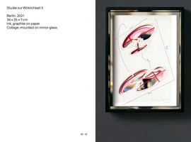 A two-page spread from an art publication. The left page contains text about the artwork: Studie zur Wirklichkeit II, Berlin, 2021. The right page shows a photograph of the framed artwork. The piece is a 3D collage in a black shadow box, featuring two abstract forms made from layered pink and white paper cutouts. The cutouts reveal a mirror base, and the composition is overlaid with thin red lines and graphite diagrams.