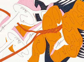 A close-up of an abstract papercut artwork with a dynamic composition of layered, organic shapes. The colors are primarily orange, white, pink, and a dark, patterned blue. White cutouts feature handwritten script and arrows suggesting movement, while large orange forms are covered in fine black line art. A braided, reddish-orange band runs horizontally through the image, weaving between the layers.